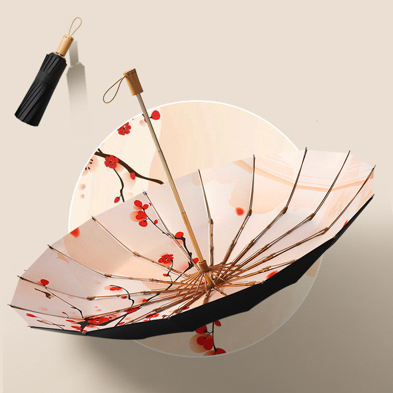 Women's Retro Three-fold, 16-bone Umbrella with Wooden Handle