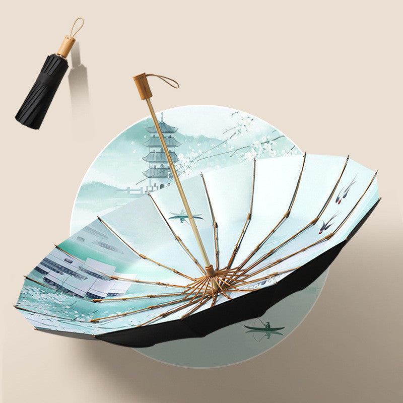 Women's Retro Three-fold, 16-bone Umbrella with Wooden Handle