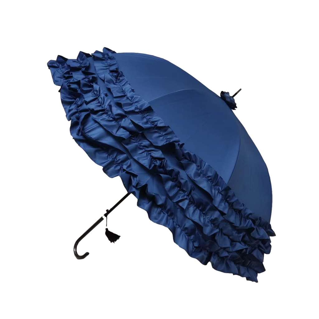 Boutique Triple Frill Stick Auto Umbrella Navy